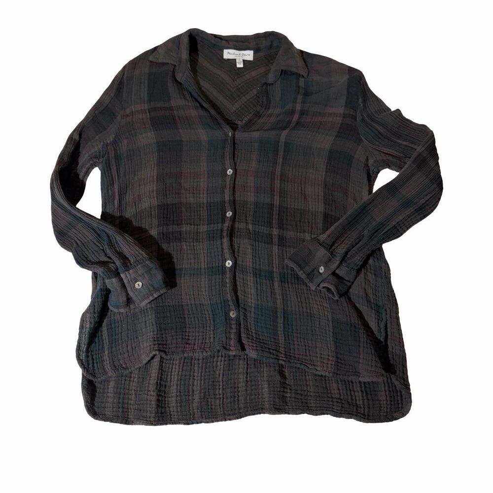 Michael Stars Gauze Button Down Shirt Women's Medium Plaid Dark Colors Long Slv